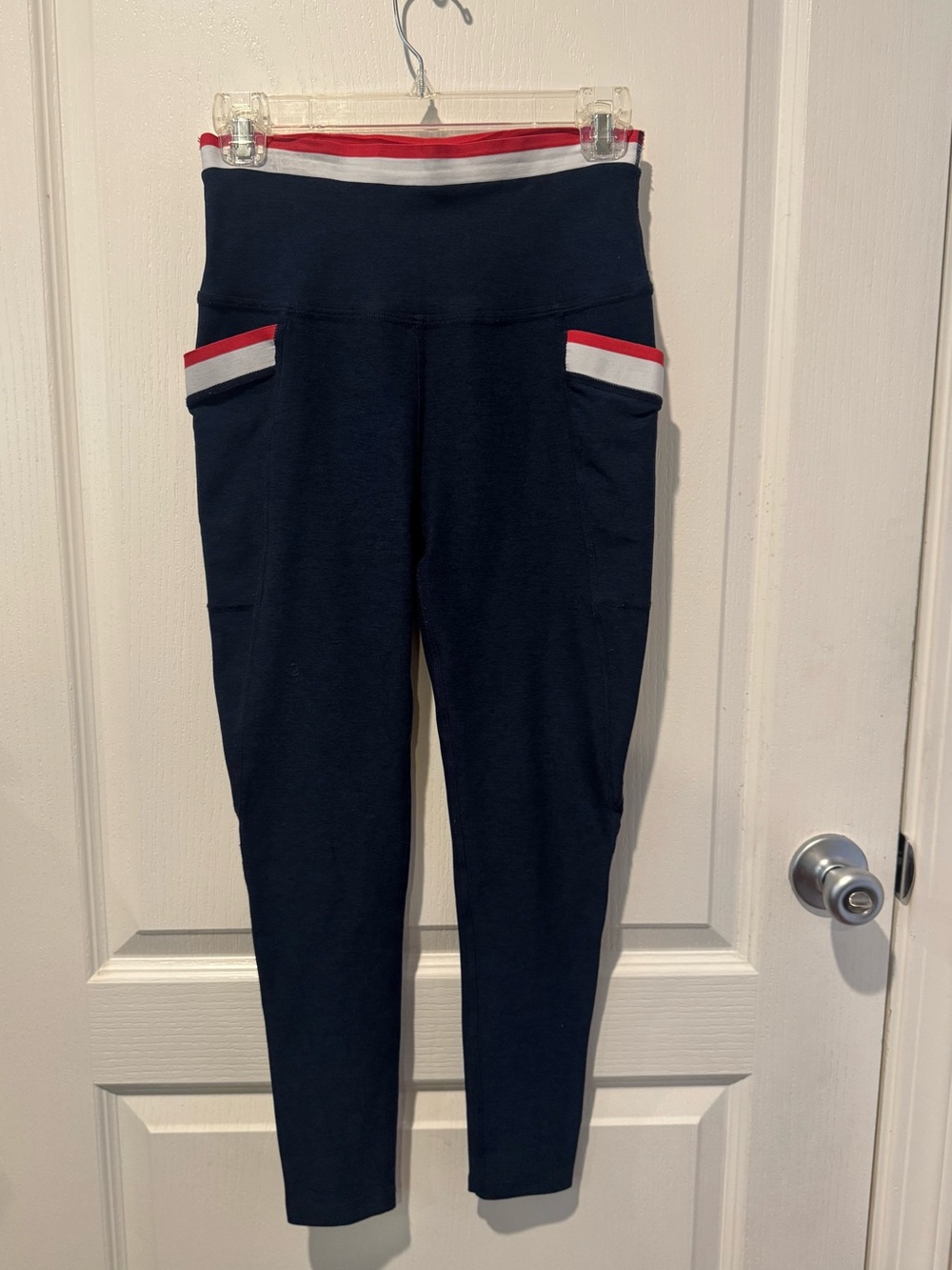 Beyond Yoga Navy Leggings with Red & White Waistband